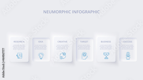 Neumorphic flow chart infographic. Creative concept for infographic with 6 steps, options, parts or processes.