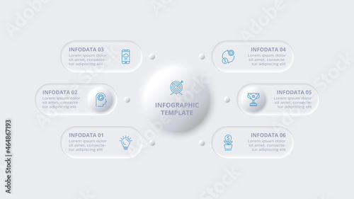 Neumorphic flow chart infographic. Creative concept for infographic with 6 steps, options, parts or processes.