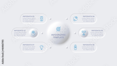 Neumorphic flow chart infographic. Creative concept for infographic with 6 steps, options, parts or processes. photo