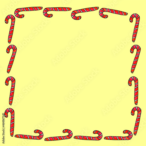 Frame is made of candy cane. Hand drawn sweet New Year and Christmas backgrounds, borders, decorations. For greeting cards, invitations, photo, xmas design