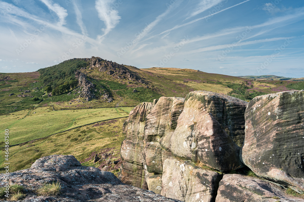 Panoramic view of The Roaches from Hen Cloud in the Peak District National Park.