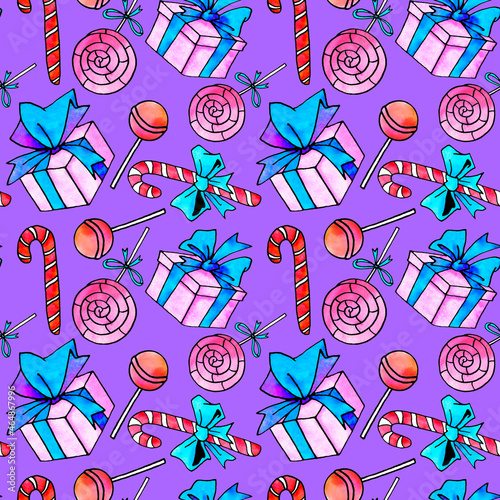 Seamless pattern with watercolor candy canes, sweets, lollipops, gift boxes. Hand drawn New year, Xmas, holidays backgrounds and textures. For greeting cards, wrapping paper, fabric, print