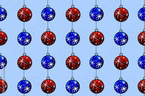 Seamless pattern with Hanging watercolor Christmas tree Balls. Hand drawn New year, Xmas backgrounds and textures. For greeting cards, wrapping paper, packaging, fabric, calendars, prints
