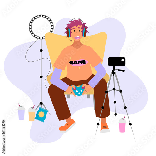 Man is playing video game and streaming the whole process, using additional lights and mobile phone. Vector illustration in flat cartoon style.