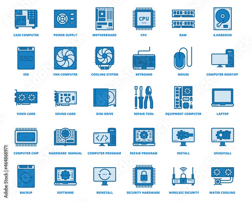 Computer Hardware Icons Blue Color , Pixel Perfect Design Simple Set For Using In Website Graphics Report Logo Infographics, Best Quality Outline Symbol Collection Icon Vector Illustration
