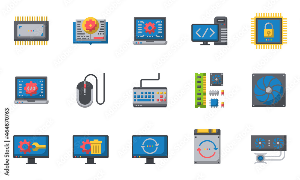 Computer Hardware Icons Flat Color, motherboard, cpu chip, case computer, Computer Hardware Icons Flat Color, motherboard, cpu chip, case computer,