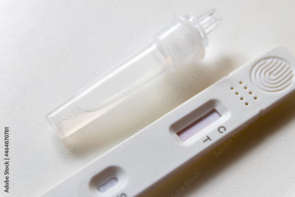Saliva antigen test kit with copy space for check coronavirus. Medical device for covid-19 antigen self test. Coronavirus infection detection kit.