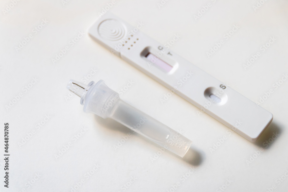 Saliva antigen test kit with copy space for check coronavirus. Medical device for covid-19 antigen self test. Coronavirus infection detection kit. Saliva antigen test kit with copy space for check coronavirus. Medical device for covid-19 antigen self test. Coronavirus infection detection kit.