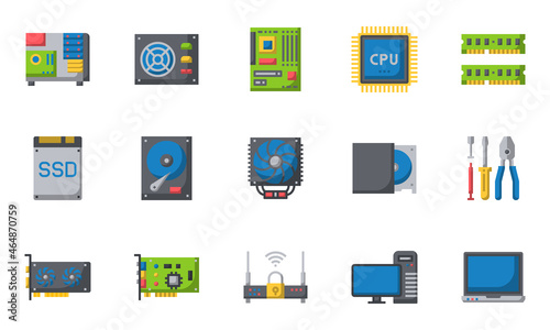 Computer Hardware Icons  Flat Color, motherboard, cpu chip, case computer,