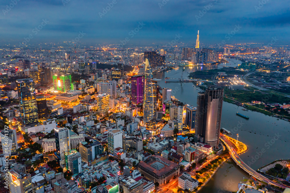 Aerial photo of Ho Chi Minh city skyline at night