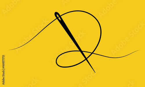 Tailor needle and curvy thread silhouette line icon. Fashion element, needlework instrument. Vector illustration on yellow background