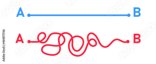 The path from point a to b. Way to success, easy and hard road. Chaos simplifying, problem solving and business solution searching challenge concept. Vector  illustration