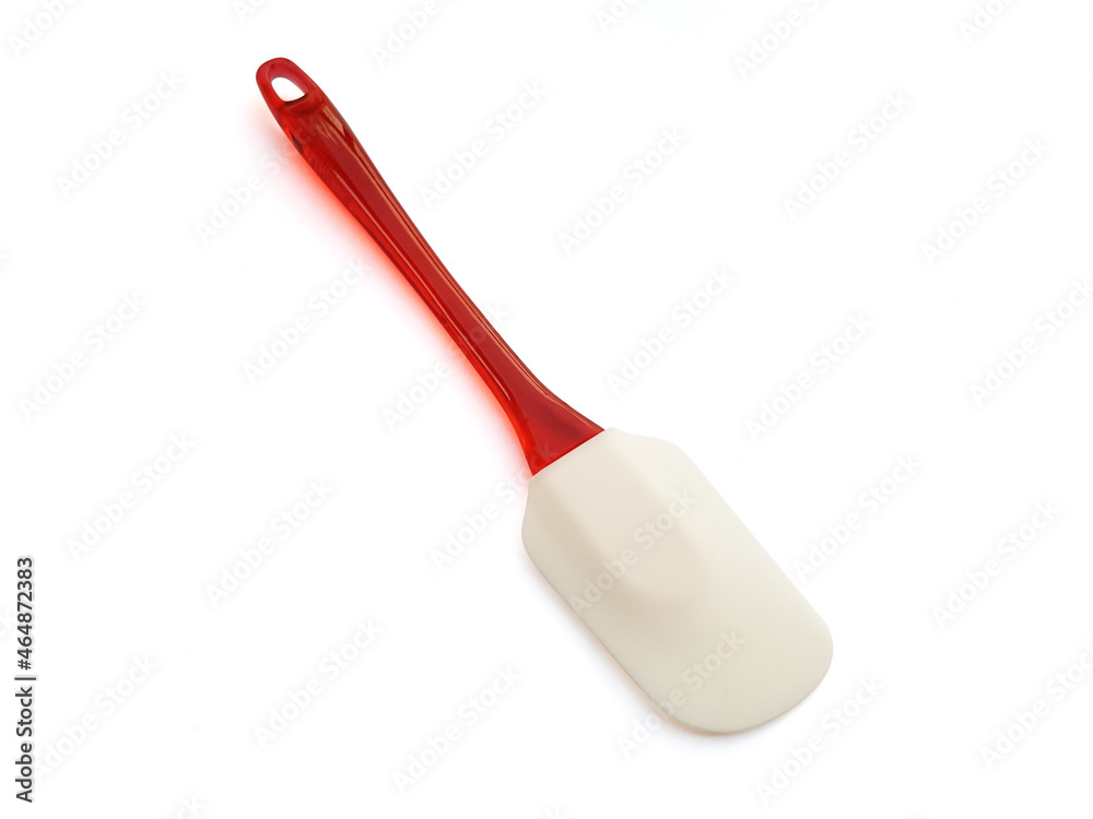 Aerial view of silicone spatula and red plastic handle isolated on white background. Close up of Non-stick rubber spatula for spreading, cooking, baking, mixing food. Cookware Aerial view of silicone spatula and red plastic handle isolated on white background. Close up of Non-stick rubber spatula for spreading, cooking, baking, mixing food. Cookware