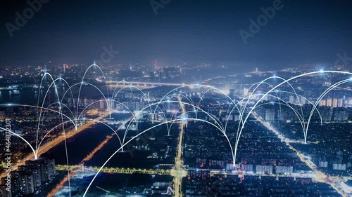 smart Connected city skyline. Futuristic network concept, city Technology.	