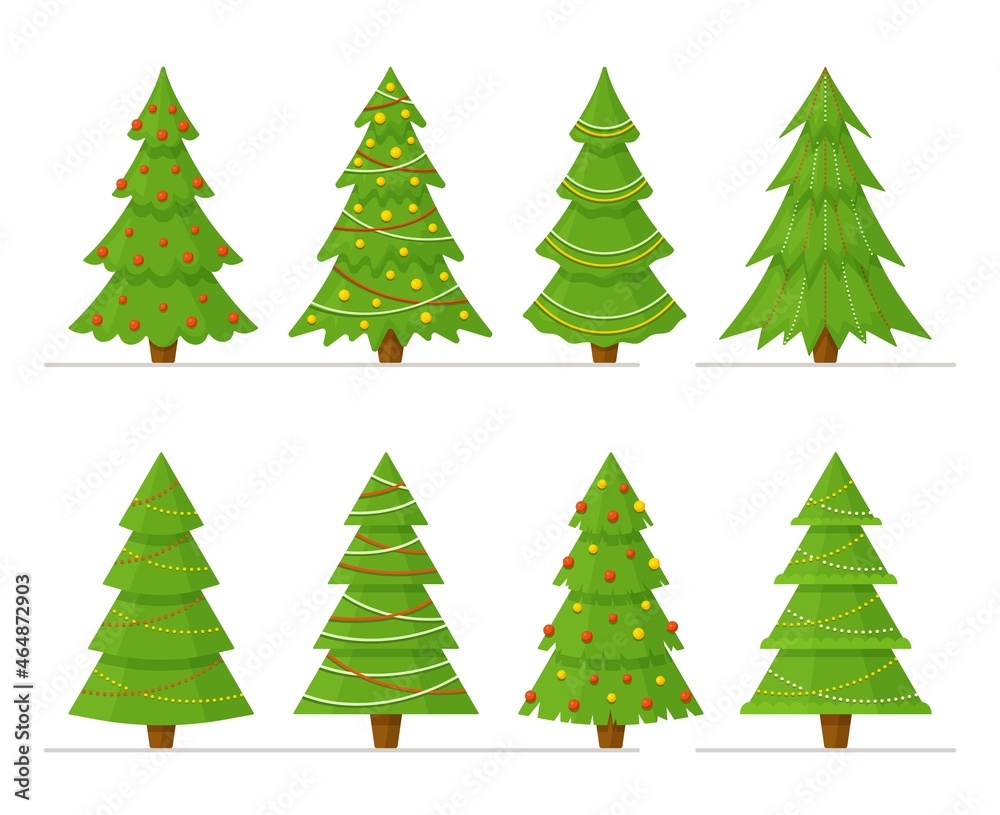 Vector illustration of a set of Christmas trees isolated on a white background. Beautiful green Christmas trees with decorations.