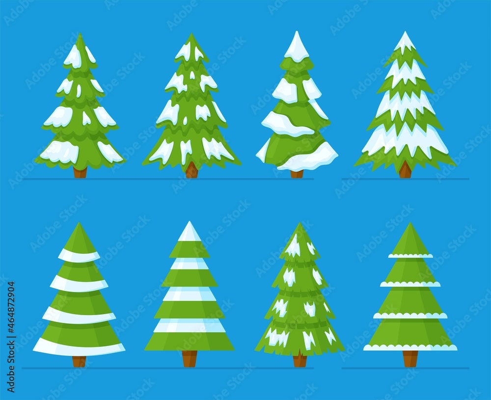 Vector illustration of a set of green Christmas trees sprinkled with snow. Beautiful Christmas trees. New Year atmosphere. Decor.Snow-covered