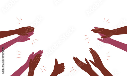 Human hands applaud. Clapping art concept. Multicultural arm. Greetings, ovation, support. Flat Vector illustration on white background