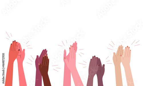 Female hands applaud. Women clap. Multicultural arm. Greetings, ovation, support. Flat Vector illustration on white background