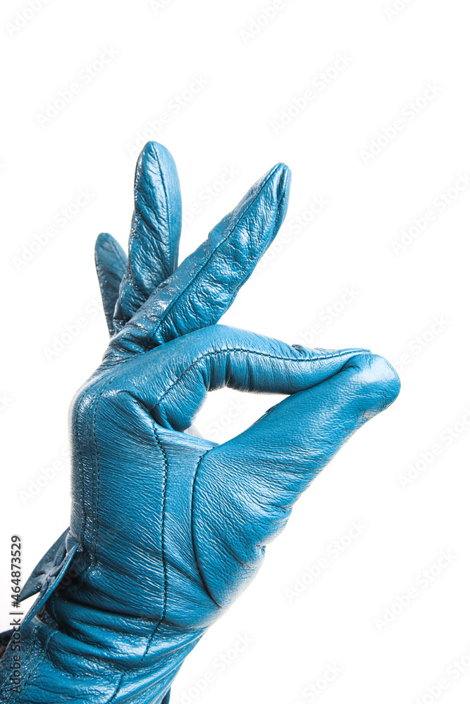 blue leather gloves worn on hand isolated on white background blue leather gloves worn on hand isolated on white background