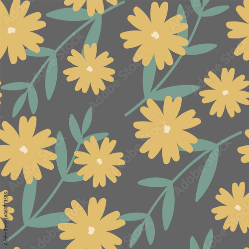 Hand drawn floral seamless pattern design. Cute yellow beige flowers on dark background. Natural botanical seamless pattern for wrapping, textile, fabric design. Cartoon style hand drawn vector print.