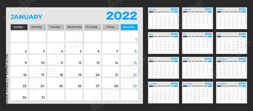 2022 calendar planner set for template corporate design week start on Sunday. 2022 planner calendar design set with blue color.