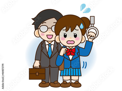 痴漢に怯える女子高生のイラスト＿ベクター