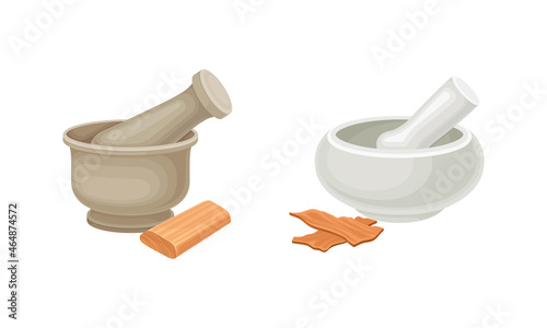 Mortar and Pestle for Sandalwood Bark Milling Vector Set