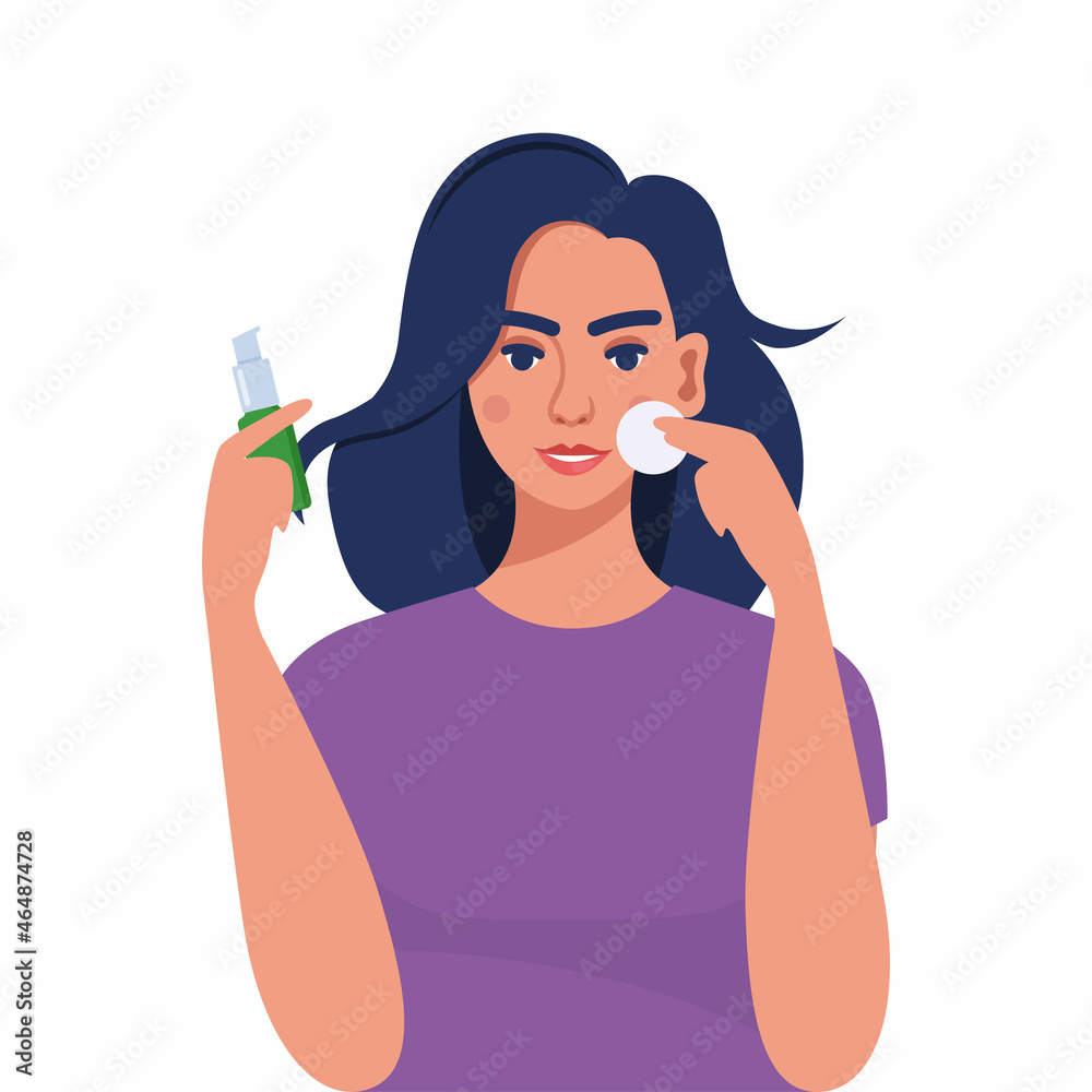 Young woman cleaning her face with cotton pad, holding cleaning lotion in her hand. Beauty, skin care and cosmetic concept. Vector illustration in flat style. Young woman cleaning her face with cotton pad, holding cleaning lotion in her hand. Beauty, skin care and cosmetic concept. Vector illustration in flat style.