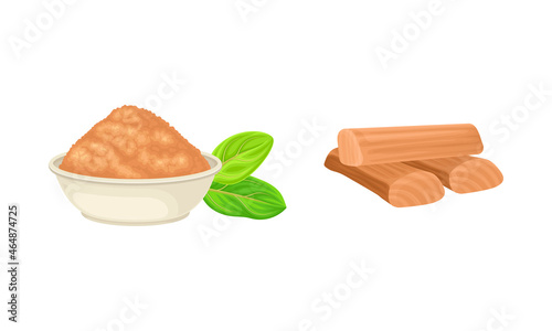 Powdered Sandalwood Poured in Bowl and Chip Isolated on White Background Vector Set