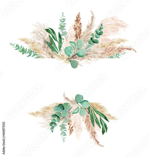 Watercolor pampas grass and eucalyptus border. Hand painted boho floral neutral colors, sage frame. Botanical boho elements isolated on white. Bohemian style wedding invitation, greeting, card