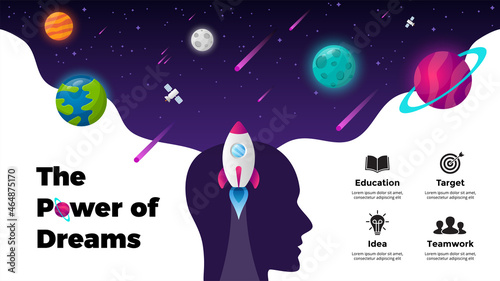 Education concept. Universe background. Startup vector Infographic. Rocket launch into space. Human head. Presentation slide template. Power of dream. Starship launch.