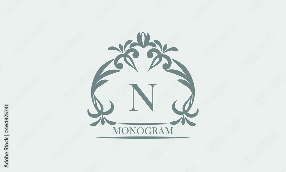 Obraz premium Graceful monogram in gray tones with the inscription and the letter N. Exquisite sign, logo of a restaurant, boutique, hotel, business