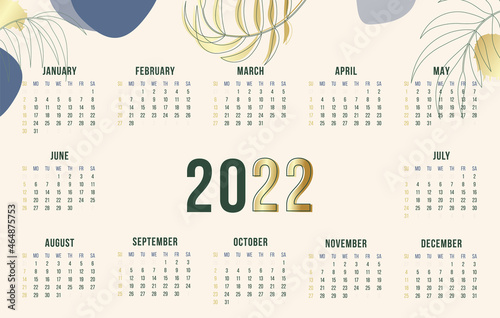 Elegant one page wall calendar template for 2022 year. Week starts on Sunday. Creative floral horizontal wall dairy date planner with leaves and golden elements. Vector business fashion 2022 calendar.