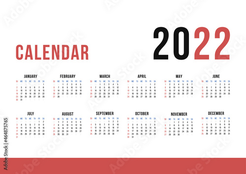 One page wall calendar template for 2022 year. Week starts on Sunday. Simple horizontal wall dairy date planner in minimal style. Corporate or business calendar. Vector American english 2022 calendar.