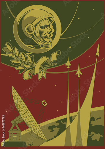 Old Soviet Space Propaganda Posters Style Illustration, Cosmonaut, Space Rockets, Radio Telescope 