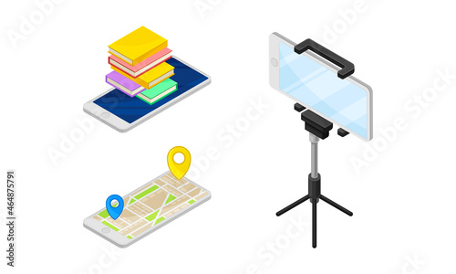 Smartphone Software with Online Navigation App Showing Route and Filming with Tripod Vector Isometric Set