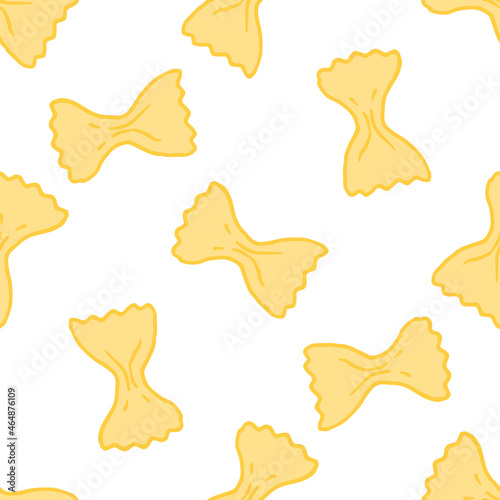 farfalle paste pattern in flat style. Seamless pattern of hand-drawn paste with a yellow bow, randomly placed on a white background for a design template for packaging, labels, menus