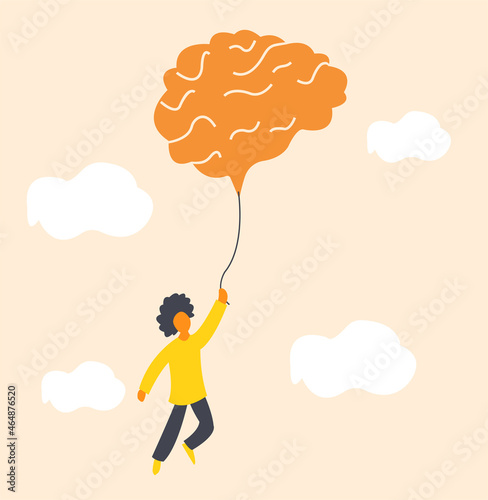 Mental health issue illustration, a boy flying in the sky with big brain shape balloon that symbolizes importance of relaxation and meditation