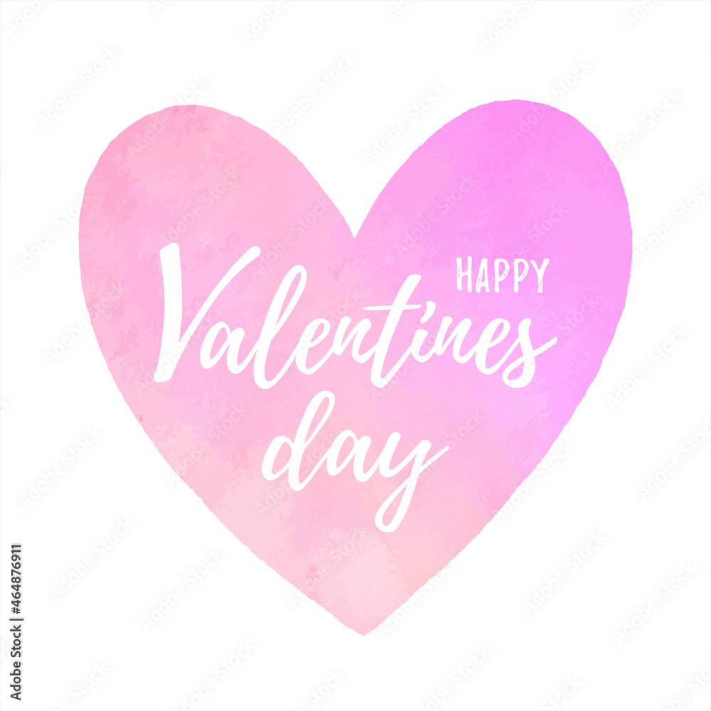 Happy Valentine's Day greeting card, design element. Watercolor vector hand drawn heart shape frame with lettering. Blush pink, magenta light watercolour stains, soft pastel colors. Text background.