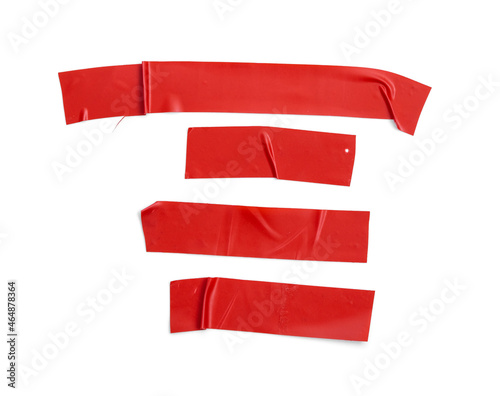 Set of red ribbons on a white background. Sticky tape. Duct tape of different sizes. Red electrical tape. Isolate.