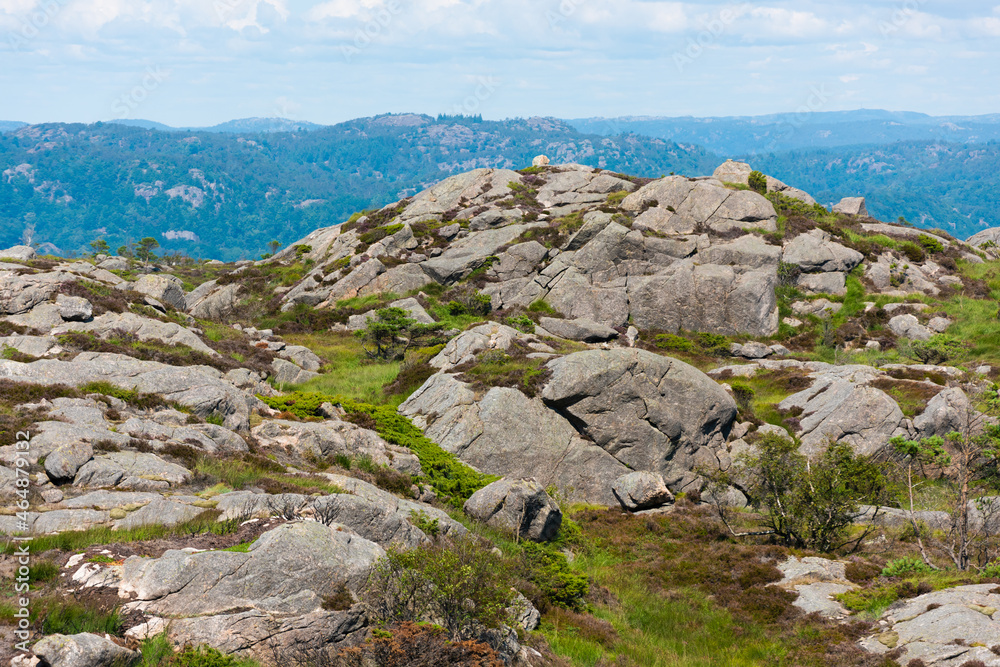 Top of a hill in a glacially formed landscape.