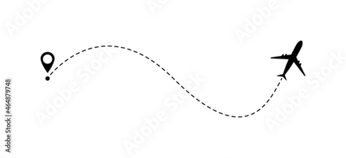 Airplane line vector icon of air plane flight route with start point and line trace isolated on white background