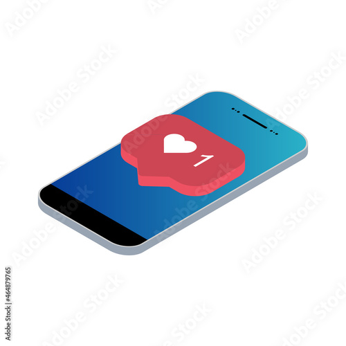 Follower isometric phone notification symbol for application instagram. App button for social media. Vector illustration icon