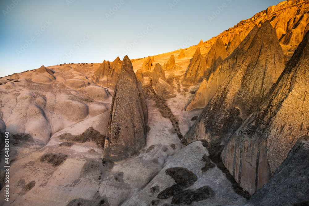 Cappadocia at sunset with peaked mountains