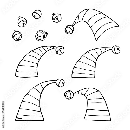 Set of Elf caps with bell, hats. Hand drawn clip art, elements of Christmas and New Year design. Doodle, sketch, coloring, line art, black and white