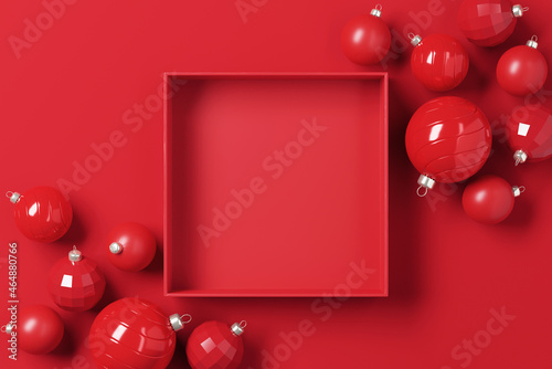 Blank red open paper box with Christmas balls on red paper background. 3d render, background for product and design. photo