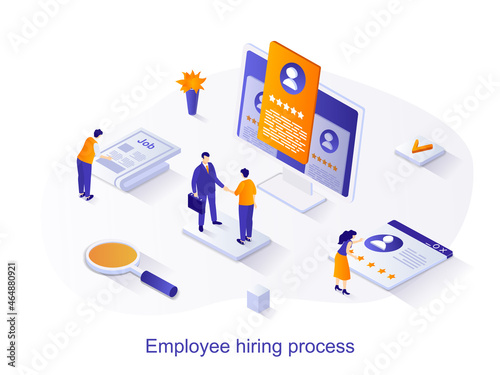 Employee hiring process isometric web concept. People look at resume, choose candidate for vacancy, conduct job interview. Human resources scene. Vector illustration for website template in 3d design