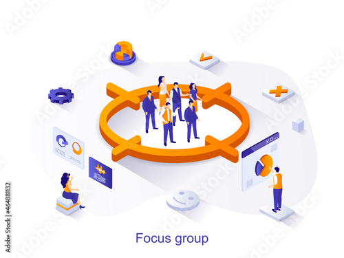 Focus group isometric web concept. People study audience, aim at group, research data and customer behavior. Market research method scene. Vector illustration for website template in 3d design