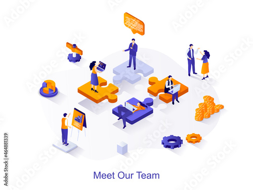 Meet our team isometric web concept. People working together, successful teamwork, branding and idea generation, business communication scene. Vector illustration for website template in 3d design