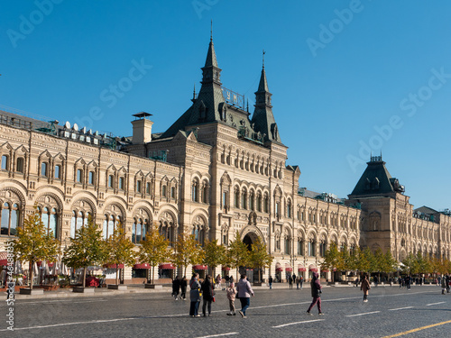 Moscow, Russia - October 5, 2021: Red Square. View of the GUM building, a large shopping center.